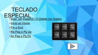 TECLADO
ESPECIALSupr. (en Español ) O Delete (en Ingles)
Inicio en Home
Fin o End
Re Pag o Pg Up
Av Pag o Pg Dn
 