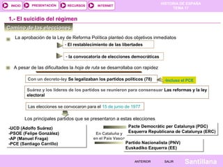 HISTORIA DE ESPAÑA
TEMA 17
RECURSOS INTERNETPRESENTACIÓN
Santillana
INICIO
SALIRSALIRANTERIORANTERIOR
Camino de las eleccionesCamino de las elecciones
La aprobación de la Ley de Reforma Política planteó dos objetivos inmediatos
1.- El suicidio del régimen
- El restablecimiento de las libertades
A pesar de las dificultades la hoja de ruta se desarrollaba con rapidez
Con un decreto-ley Se legalizaban los partidos políticos (78) -Incluso el PCE
Suárez y los líderes de los partidos se reunieron para consensuar Las reformas y la ley
electoral
Las elecciones se convocaron para el 15 de junio de 1977
Los principales partidos que se presentaron a estas elecciones
-UCD (Adolfo Suárez)
-PSOE (Felipe González)
-AP (Manuel Fraga)
-PCE (Santiago Carrillo)
-UCD (Adolfo Suárez)
-PSOE (Felipe González)
-AP (Manuel Fraga)
-PCE (Santiago Carrillo)
En Cataluña y
en el País Vasco
Pacte Democràtic per Catalunya (PDC)
Esquerra Republicana de Catalunya (ERC)
Pacte Democràtic per Catalunya (PDC)
Esquerra Republicana de Catalunya (ERC)
Partido Nacionalista (PNV)
Euskadiko Ezquerra (EE)
Partido Nacionalista (PNV)
Euskadiko Ezquerra (EE)
- la convocatoria de elecciones democráticas
 