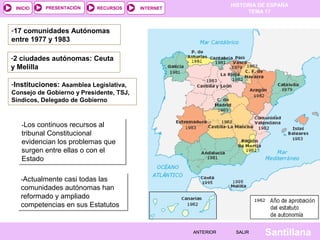 HISTORIA DE ESPAÑA
TEMA 17
RECURSOS INTERNETPRESENTACIÓN
Santillana
INICIO
SALIRSALIRANTERIORANTERIOR
-17 comunidades Autónomas
entre 1977 y 1983
-2 ciudades autónomas: Ceuta
y Melilla
-Los continuos recursos al
tribunal Constitucional
evidencian los problemas que
surgen entre ellas o con el
Estado
-Los continuos recursos al
tribunal Constitucional
evidencian los problemas que
surgen entre ellas o con el
Estado
-Actualmente casi todas las
comunidades autónomas han
reformado y ampliado
competencias en sus Estatutos
-Actualmente casi todas las
comunidades autónomas han
reformado y ampliado
competencias en sus Estatutos
-Instituciones: Asamblea Legislativa,
Consejo de Gobierno y Presidente, TSJ,
Síndicos, Delegado de Gobierno
 