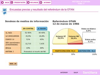 HISTORIA DE ESPAÑA
TEMA 17
RECURSOS INTERNETPRESENTACIÓN
Santillana
INICIO
SALIRSALIRANTERIORANTERIOR
Encuestas previas y resultado del referéndum de la OTAN
DOC. 24DOC. 24
 