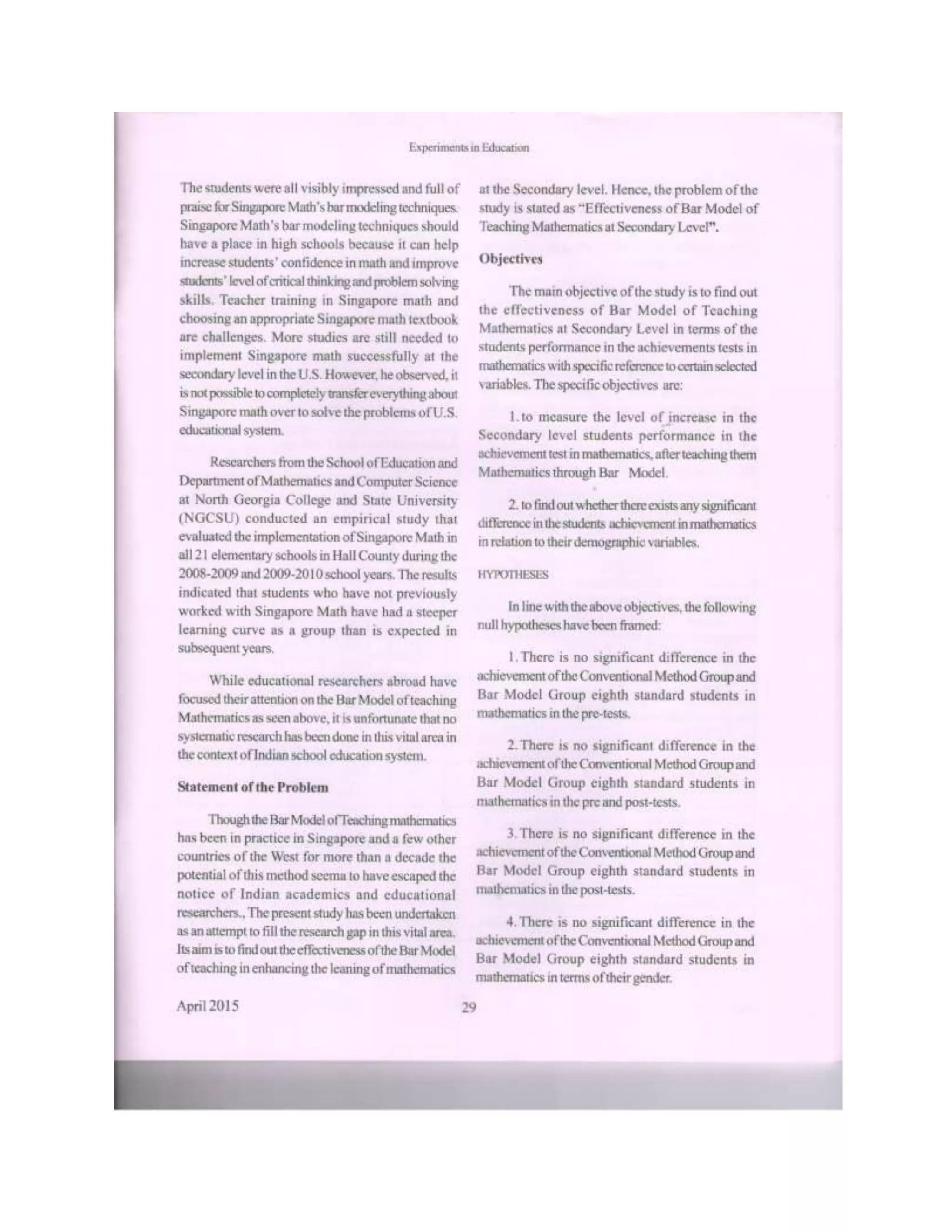 EFFECTIVENESS OF BAR MODEL OF TEACHING MATHEMATICS AT SECONDARY LEVEL PDF Effectiveness of bar model of teaching mathematics at secondary level pdf