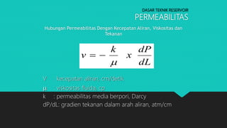 DASAR TEKNIK RESERVOIR
PERMEABILITAS
Hubungan Permeabilitas Dengan Kecepatan Aliran, Viskositas dan
Tekanan
V : kecepatan aliran, cm/detik
 : viskositas fluida, cp
k : permeabilitas media berpori, Darcy
dP/dL: gradien tekanan dalam arah aliran, atm/cm
dL
dP
x
k
v


 