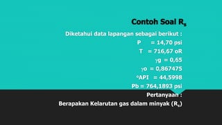 Contoh Soal Rs
Diketahui data lapangan sebagai berikut :
P = 14,70 psi
T = 716,67 oR
g = 0,65
o = 0,867475
oAPI = 44,5998
Pb = 764,1893 psi
Pertanyaan :
Berapakan Kelarutan gas dalam minyak (Rs)
 