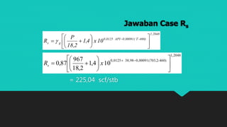 Jawaban Case Rs
= 225,04 scf/stb
2048,1
460)-T(00091,0API0125,0
gs 10x4,1
2,18
P
R 











 

2048,1
460)-(703,200091,098,380125,0
104,1
2,18
967
87,0 













xRs
 