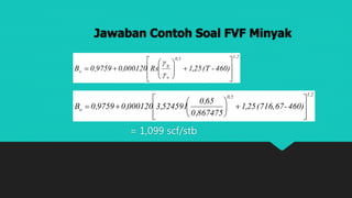 Jawaban Contoh Soal FVF Minyak
= 1,099 scf/stb
2,10,5
o
g
o 460)-(T25,1Rs000120,09759,0B

















2,10,5
o 460)-(716,6725,1
867475,0
65,0
524591,3000120,09759,0B















 