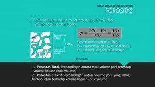 DASAR-DASAR TEKNIK RESERVOIR
POROSITAS
 Perbandingan antara volume ruang pori terhadap
volume total batuan (bulk)
Vb
Vp
Vb
VsVb



Vb : volume batuan total (bulk)
Vs : volume padatan batuan total (grain)
Vp : volume ruang pori total batuan
Klasifikasi
1. Porositas Total, Perbandingan antara total volume pori terhadap
volume batuan (bulk volume)
2. Porositas Efektif, Perbandingan antara volume pori yang saling
berhubungan terhadap volume batuan (bulk volume)
 