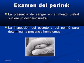 Examen del periné:Examen del periné:
 La presencia de sangre en el meato uretralLa presencia de sangre en el meato uretral
sugiere un desgarro uretral.sugiere un desgarro uretral.
 La inspección del escroto y del periné paraLa inspección del escroto y del periné para
determinar la presencia hematomas.determinar la presencia hematomas.
08/05/18 20
 