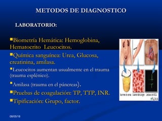 08/05/18
METODOS DE DIAGNOSTICOMETODOS DE DIAGNOSTICO
LABORATORIO:LABORATORIO:
Biometría Hemática: Hemoglobina,Biometría Hemática: Hemoglobina,
Hematocrito Leucocitos.Hematocrito Leucocitos.
Química sanguínea: Urea, Glucosa,Química sanguínea: Urea, Glucosa,
creatinina, amilasa.creatinina, amilasa.
Leucocitos aumentan usualmente en el traumaLeucocitos aumentan usualmente en el trauma
(trauma esplénico).(trauma esplénico).
Amilasa (trauma en el páncreasAmilasa (trauma en el páncreas).).
Pruebas de coagulación: TP, TTP, INR.Pruebas de coagulación: TP, TTP, INR.
Tipificación: Grupo, factor.Tipificación: Grupo, factor.
 