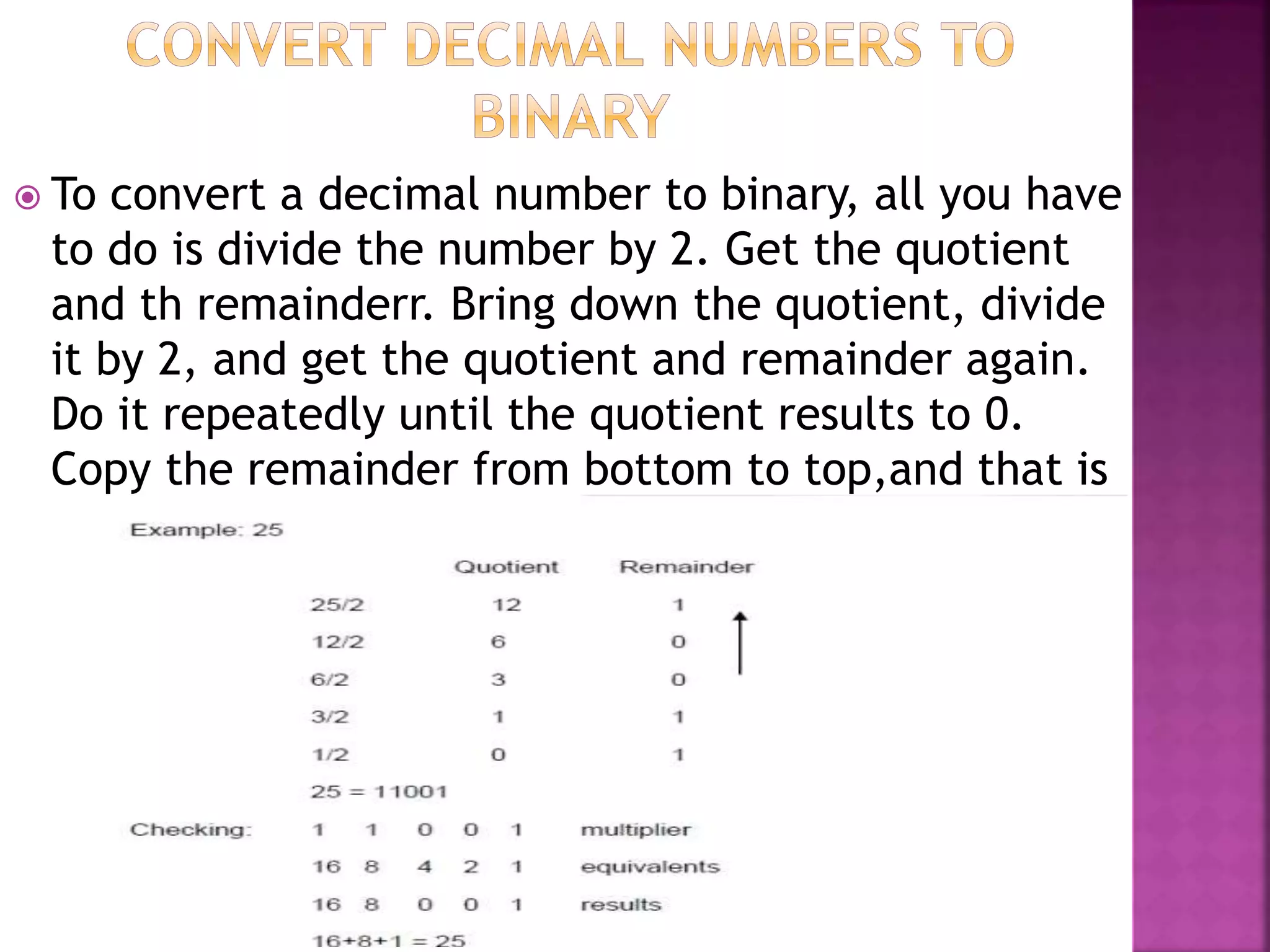  To convert a decimal number to binary, all you have
to do is divide the number by 2. Get the quotient
and th remainderr. Bring down the quotient, divide
it by 2, and get the quotient and remainder again.
Do it repeatedly until the quotient results to 0.
Copy the remainder from bottom to top,and that is
the binary equivalent.
 