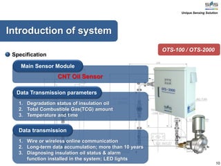 10
Introduction of system
Specification
Main Sensor Module
CNT Oil Sensor
Data Transmission parameters
1. Degradation status of insulation oil
2. Total Combustible Gas(TCG) amount
3. Temperature and time
Data transmission
1. Wire or wireless online communication
2. Long-term data accumulation; more than 10 years
3. Diagnosing insulation oil status & alarm
function installed in the system; LED lights
OTS-100 / OTS-2000
Unique Sensing Solution
 