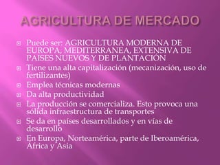  Puede ser: AGRICULTURA MODERNA DE
EUROPA, MEDITERRANEA, EXTENSIVA DE
PAISES NUEVOS Y DE PLANTACIÓN
 Tiene una alta capitalización (mecanización, uso de
fertilizantes)
 Emplea técnicas modernas
 Da alta productividad
 La producción se comercializa. Esto provoca una
sólida infraestructura de transportes
 Se da en países desarrollados y en vías de
desarrollo
 En Europa, Norteamérica, parte de Iberoamérica,
África y Asia
 