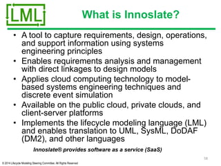 © 2014 Lifecycle Modeling Steering Committee. All Rights Reserved
What is Innoslate?
• A tool to capture requirements, design, operations,
and support information using systems
engineering principles
• Enables requirements analysis and management
with direct linkages to design models
• Applies cloud computing technology to model-
based systems engineering techniques and
discrete event simulation
• Available on the public cloud, private clouds, and
client-server platforms
• Implements the lifecycle modeling language (LML)
and enables translation to UML, SysML, DoDAF
(DM2), and other languages
58
Innoslate® provides software as a service (SaaS)
 