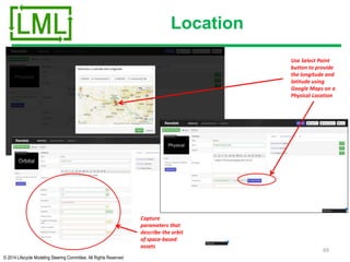 © 2014 Lifecycle Modeling Steering Committee. All Rights Reserved
Location
69
Use Select Point
button to provide
the longitude and
latitude using
Google Maps on a
Physical Location
Capture
parameters that
describe the orbit
of space-based
assets
 