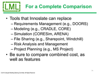 © 2014 Lifecycle Modeling Steering Committee. All Rights Reserved
For a Complete Comparison
• Tools that Innoslate can replace
– Requirements Management (e.g., DOORS)
– Modeling (e.g., CRADLE, CORE)
– Simulation (CORESim, ARENA)
– File Sharing (e.g., Sharepoint, Windchill)
– Risk Analysis and Management
– Project Planning (e.g., MS Project)
• Be sure to compare combined cost, as
well as features
74
 