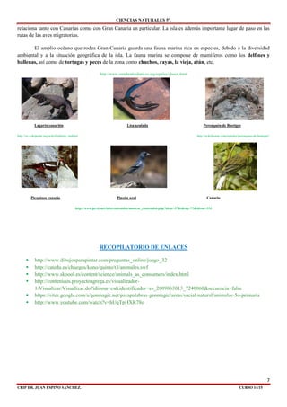 CIENCIAS NATURALES 5º.
7
CEIP DR. JUAN ESPINO SÁNCHEZ. CURSO 14/15
relaciona tanto con Canarias como con Gran Canaria en particular. La isla es además importante lugar de paso en las
rutas de las aves migratorias.
El amplio océano que rodea Gran Canaria guarda una fauna marina rica en especies, debido a la diversidad
ambiental y a la situación geográfica de la isla. La fauna marina se compone de mamíferos como los delfines y
ballenas, así como de tortugas y peces de la zona como chuchos, rayas, la vieja, atún, etc.
http://www.vertebradosibericos.org/reptiles/chasex.html
Lagarto canarión Lisa azulada Perenquén de Boettger
http://es.wikipedia.org/wiki/Gallotia_stehlini http://wikifaunia.com/reptiles/perenquen-de-boettger/
Picapinos canario Pinzón azul Canario
http://www.gevic.net/info/contenidos/mostrar_contenidos.php?idcat=37&idcap=75&idcon=394
RECOPILATORIO DE ENLACES
 http://www.dibujosparapintar.com/preguntas_online/juego_32
 http://catedu.es/chuegos/kono/quinto/t3/animales.swf
 http://www.skoool.es/content/science/animals_as_consumers/index.html
 http://contenidos.proyectoagrega.es/visualizador-
1/Visualizar/Visualizar.do?idioma=es&identificador=es_2009063013_7240060&secuencia=false
 https://sites.google.com/a/genmagic.net/pasapalabras-genmagic/areas/social-natural/animales-5o-primaria
 http://www.youtube.com/watch?v=hUqTpHXR78o
 