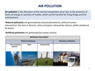 Air pollution is the alteration of the normal composition of air due to the presence of
forms of energy or particles of matter, which can be harmful for living things and the
envirionment.
•Natural pollutants are generated by natural phenomena, without human
intervention: the dust in deserts, ashes and gases released by volcans, pollen produced
by plants.
•Artificial pollutants are generated by human activity.
ARTIFICIAL POLLUTANTS
Physical pollutants Chemistry pollutants
Electromagnetic
radiation
Noise Rardioactivity
AIR POLLUTION
6
 