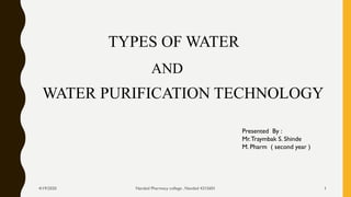 Nanded Pharmacy college , Nanded 4315601
TYPES OF WATER
Presented By :
Mr.Traymbak S. Shinde
M. Pharm ( second year )
WATER PURIFICATION TECHNOLOGY
AND
4/19/2020 1
 