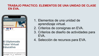 TRABAJO PRACTICO. ELEMENTOS DE UNA UNIDAD DE CLASE
EN EVA.
1. Elementos de una unidad de
aprendizaje virtual.
2. Criterios de consignas en EVA.
3. Criterios de diseño de actividades para
EVA.
4. Selección de recursos para EVA.
 