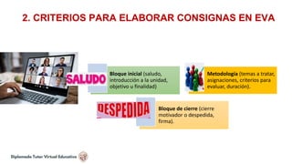 2. CRITERIOS PARA ELABORAR CONSIGNAS EN EVA
Bloque inicial (saludo,
introducción a la unidad,
objetivo u finalidad)
Metodología (temas a tratar,
asignaciones, criterios para
evaluar, duración).
Bloque de cierre (cierre
motivador o despedida,
firma).
 