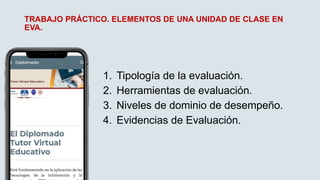 TRABAJO PRÁCTICO. ELEMENTOS DE UNA UNIDAD DE CLASE EN
EVA.
1. Tipología de la evaluación.
2. Herramientas de evaluación.
3. Niveles de dominio de desempeño.
4. Evidencias de Evaluación.
 