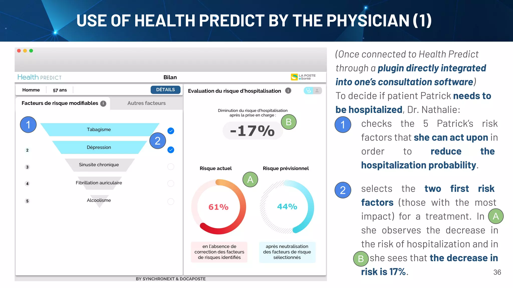 36
USE OF HEALTH PREDICT BY THE PHYSICIAN (1)
(Once connected to Health Predict
through a plugin directly integrated
into one’s consultation software)
To decide if patient Patrick needs to
be hospitalized, Dr. Nathalie:
1. checks the 5 Patrick’s risk
factors that she can act upon in
order to reduce the
hospitalization probability.
2.
3. selects the two ﬁrst risk
factors (those with the most
impact) for a treatment. In A,
she observes the decrease in
the risk of hospitalization and in
B she sees that the decrease in
risk is 17%.
1
2
1
2
A
A
B
B
 
