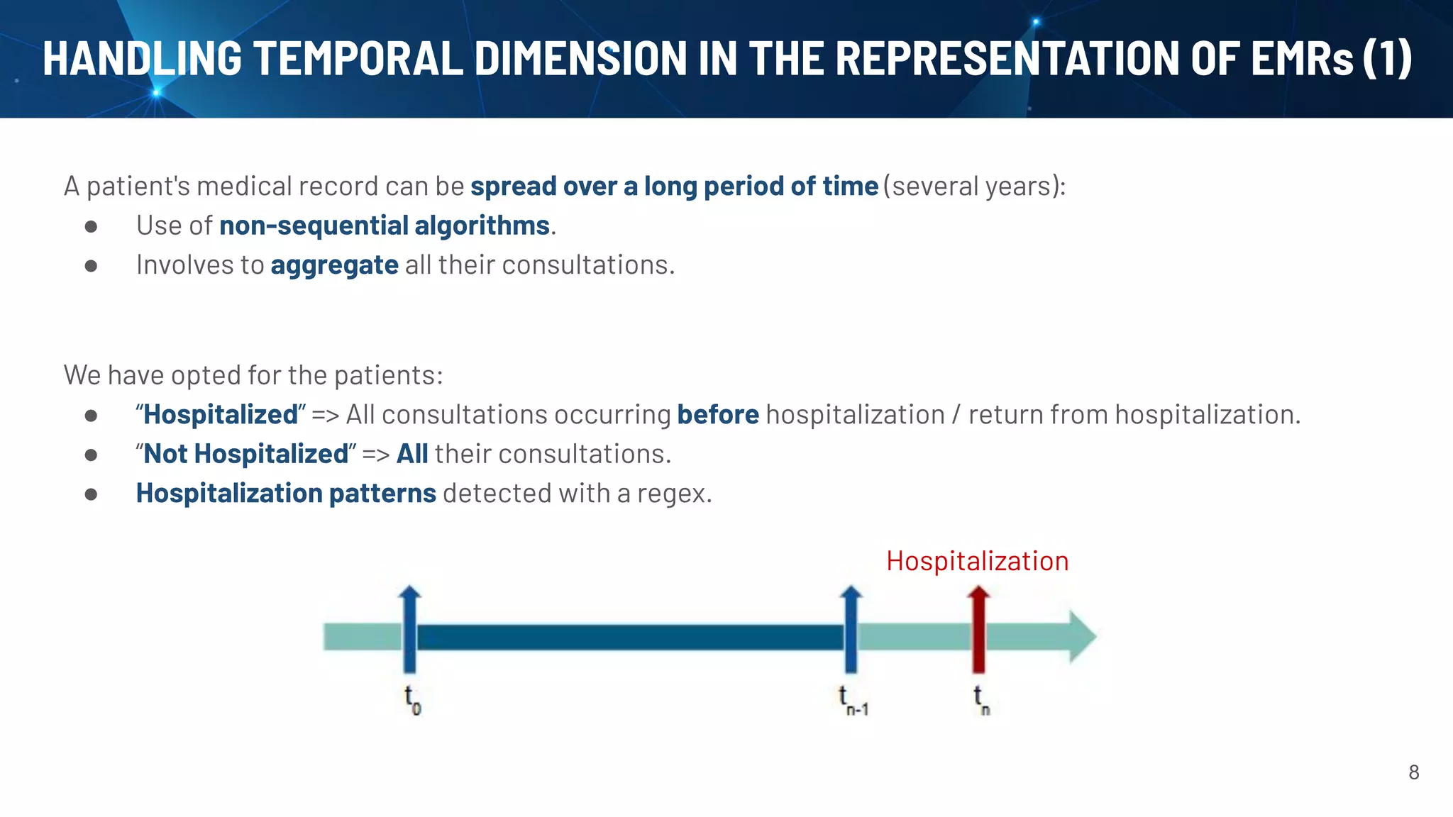 A patient's medical record can be spread over a long period of time (several years):
● Use of non-sequential algorithms.
● Involves to aggregate all their consultations.
We have opted for the patients:
● “Hospitalized” => All consultations occurring before hospitalization / return from hospitalization.
● “Not Hospitalized” => All their consultations.
● Hospitalization patterns detected with a regex.
HANDLING TEMPORAL DIMENSION IN THE REPRESENTATION OF EMRs (1)
Hospitalization
8
 