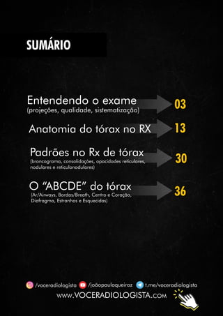 SUMÁRIO
WWW.VOCERADIOLOGISTA.COM
/joãopauloqueiroz/voceradiologista t.me/voceradiologista
SUMÁRIO
03
30
13
36
Entendendo o exame
(projeções, qualidade, sistematização)
O “ABCDE” do tórax
Padrões no Rx de tórax
(broncograma, consolidações, opacidades reticulares,
nodulares e reticulonodulares)
(Ar/Airways, Bordas/Breath, Centro e Coração,
Diafragma, Estranhos e Esquecidas)
Anatomia do tórax no RX
 