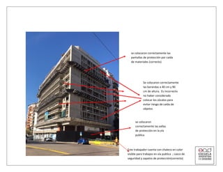 se colocaron correctamente las
pantallas de protección por caída
de materiales (correcto)
Se colocaron correctamente
las barandas a 40 cm y 90
cm de altura. Es incorrecto
no haber considerado
colocar los zócalos para
evitar riesgo de caída de
objetos
se colocaron
correctamente las vallas
de protección en la vía
publica
Este trabajador cuenta con chaleco en color
visible para trabajos en vía publica ; casco de
seguridad y zapatos de protección(correcto)
 