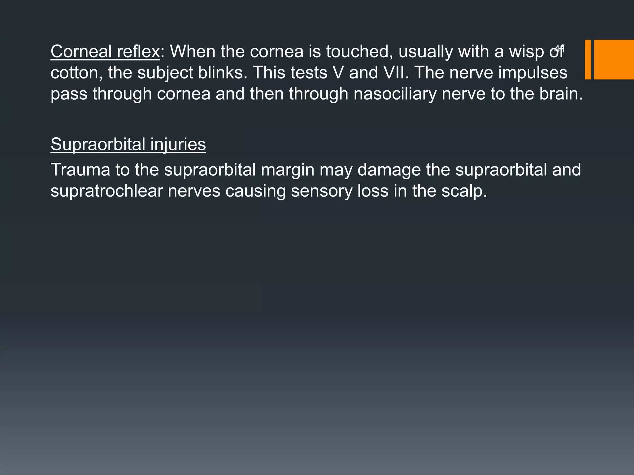Corneal reflex: When the cornea is touched, usually with a wisp of
cotton, the subject blinks. This tests V and VII. The nerve impulses
pass through cornea and then through nasociliary nerve to the brain.
Supraorbital injuries
Trauma to the supraorbital margin may damage the supraorbital and
supratrochlear nerves causing sensory loss in the scalp.
41
 