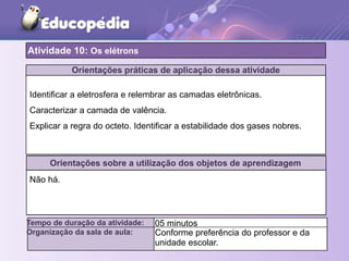 Orientações práticas de aplicação dessa atividade
Orientações sobre a utilização dos objetos de aprendizagem
Atividade 10: Os elétrons
Tempo de duração da atividade: 05 minutos
Organização da sala de aula: Conforme preferência do professor e da
unidade escolar.
Não há.
Identificar a eletrosfera e relembrar as camadas eletrônicas.
Caracterizar a camada de valência.
Explicar a regra do octeto. Identificar a estabilidade dos gases nobres.
 