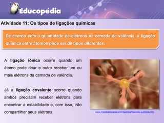 www.mundoeducacao.com/quimica/ligacoes-quimicas.htm
A ligação iônica ocorre quando um
átomo pode doar e outro receber um ou
mais elétrons da camada de valência.
Já a ligação covalente ocorre quando
ambos precisam receber elétrons para
encontrar a estabilidade e, com isso, irão
compartilhar seus elétrons.
Atividade 11: Os tipos de ligações químicas
De acordo com a quantidade de elétrons na camada de valência, a ligação
química entre átomos pode ser de tipos diferentes.
 