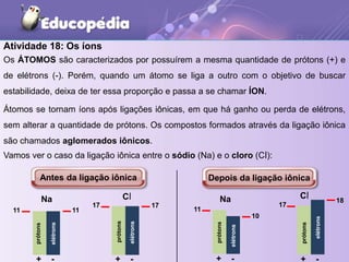 Atividade 18: Os íons
Os ÁTOMOS são caracterizados por possuírem a mesma quantidade de prótons (+) e
de elétrons (-). Porém, quando um átomo se liga a outro com o objetivo de buscar
estabilidade, deixa de ter essa proporção e passa a se chamar ÍON.
Átomos se tornam íons após ligações iônicas, em que há ganho ou perda de elétrons,
sem alterar a quantidade de prótons. Os compostos formados através da ligação iônica
são chamados aglomerados iônicos.
Vamos ver o caso da ligação iônica entre o sódio (Na) e o cloro (Cl):
+ -
Na
+ -
11
10
Cl
prótons
Na
+ -
11 11
Cl
+ -
17 17
prótons
prótons
elétrons
elétrons
elétrons
17
18
prótons
elétrons
Antes da ligação iônica Depois da ligação iônica
 
