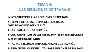 TEMA 4:
LAS REUNIONES DE TRABAJO
1- INTRODUCCIÓN A LAS REUNIONES DE TRABAJO
2- ELEMENTOS DE LAS REUNIONES LABORALES.
CONSIDERACIONES GENERALES
3- LA EFICACIA DE UNA REUNIÓN
5- CARACTERÍSTICAS DE LOS PARTICIPANTES EN UNA REUNIÓN
6- FASES DE UNA REUNIÓN
7- PAUTAS Y TÉCNICAS PARA ORGANIZAR UNA REUNIÓN
8- SITUACIONES QUE DIFICULTAN LAS REUNIONES DE TRABAJO
 