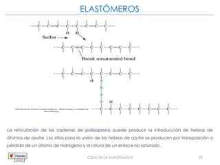 CIENCIA DE MATERIALES II 20
La reticulación de las cadenas de poliisopreno puede producir la introducción de hebras de
átomos de azufre. Los sitios para la unión de las hebras de azufre se producen por transposición o
pérdida de un átomo de hidrógeno y la rotura de un enlace no saturado.
©2003 Brooks/Cole, a division of Thomson Learning, Inc. Thomson Learning™ is a trademark used
herein under license.
ELASTÓMEROS
 