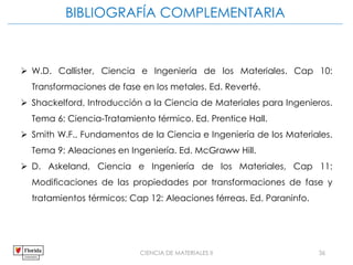 CIENCIA DE MATERIALES II 36
BIBLIOGRAFÍA COMPLEMENTARIA
 W.D. Callister, Ciencia e Ingeniería de los Materiales. Cap 10:
Transformaciones de fase en los metales. Ed. Reverté.
 Shackelford, Introducción a la Ciencia de Materiales para Ingenieros.
Tema 6: Ciencia-Tratamiento térmico. Ed. Prentice Hall.
 Smith W.F., Fundamentos de la Ciencia e Ingeniería de los Materiales.
Tema 9: Aleaciones en Ingeniería. Ed. McGraww Hill.
 D. Askeland, Ciencia e Ingeniería de los Materiales, Cap 11:
Modificaciones de las propiedades por transformaciones de fase y
tratamientos térmicos; Cap 12: Aleaciones férreas. Ed. Paraninfo.
 