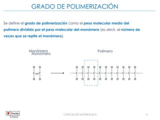 CIENCIA DE MATERIALES II 4
GRADO DE POLIMERIZACIÓN
Se define el grado de polimerización como el peso molecular medio del
polímero dividido por el peso molecular del monómero (es decir, el número de
veces que se repite el monómero).
Monómero Polímero
Monómero
 