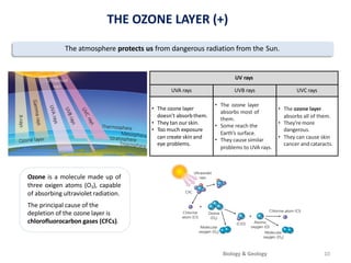 10
THE OZONE LAYER (+)
UV rays
UVA rays UVB rays UVC rays
• The ozone layer
doesn’t absorb them.
• They tan our skin.
• Too much exposure
can create skin and
eye problems.
• The ozone layer
absorbs most of
them.
• Some reach the
Earth’s surface.
• They cause similar
problems to UVA rays.
• The ozone layer
absorbs all of them.
• They're more
dangerous.
• They can cause skin
cancer and cataracts.
The atmosphere protects us from dangerous radiation from the Sun.
Ozone is a molecule made up of
three oxigen atoms (O3), capable
of absorbing ultraviolet radiation.
The principal cause of the
depletion of the ozone layer is
chlorofluorocarbon gases (CFCs).
Biology & Geology
 