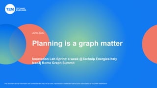 This document and all information are confidential and may not be used, reproduced or distributed without prior authorization of TECHNIP ENERGIES
Planning is a graph matter
June 2023
Innovation Lab Sprint: a week @Technip Energies Italy
Neo4j Rome Graph Summit
 