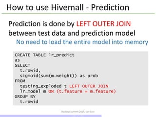 Hadoop Summit 2014, San Jose
How to use Hivemall - Prediction
CREATE TABLE lr_predict
as
SELECT
t.rowid,
sigmoid(sum(m.weight)) as prob
FROM
testing_exploded t LEFT OUTER JOIN
lr_model m ON (t.feature = m.feature)
GROUP BY
t.rowid
Prediction is done by LEFT OUTER JOIN
between test data and prediction model
No need to load the entire model into memory
28 / 43
 