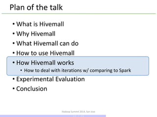 Plan of the talk
• What is Hivemall
• Why Hivemall
• What Hivemall can do
• How to use Hivemall
• How Hivemall works
• How to deal with iterations w/ comparing to Spark
• Experimental Evaluation
• Conclusion
Hadoop Summit 2014, San Jose
29 / 43
 