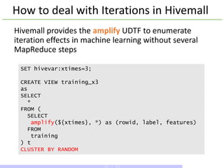 How to deal with Iterations in Hivemall
Hivemall provides the amplify UDTF to enumerate
iteration effects in machine learning without several
MapReduce steps
SET hivevar:xtimes=3;
CREATE VIEW training_x3
as
SELECT
*
FROM (
SELECT
amplify(${xtimes}, *) as (rowid, label, features)
FROM
training
) t
CLUSTER BY RANDOM
35 / 43
 