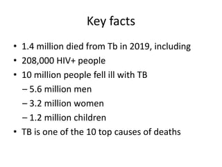 Key facts
• 1.4 million died from Tb in 2019, including
• 208,000 HIV+ people
• 10 million people fell ill with TB
– 5.6 million men
– 3.2 million women
– 1.2 million children
• TB is one of the 10 top causes of deaths
 
