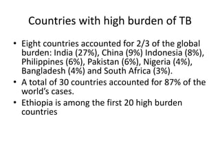 Countries with high burden of TB
• Eight countries accounted for 2/3 of the global
burden: India (27%), China (9%) Indonesia (8%),
Philippines (6%), Pakistan (6%), Nigeria (4%),
Bangladesh (4%) and South Africa (3%).
• A total of 30 countries accounted for 87% of the
world’s cases.
• Ethiopia is among the first 20 high burden
countries
 