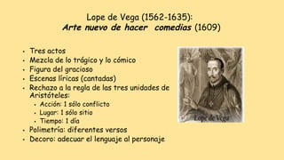 ● Tres actos
● Mezcla de lo trágico y lo cómico
● Figura del gracioso
● Escenas líricas (cantadas)
● Rechazo a la regla de las tres unidades de
Aristóteles:
● Acción: 1 sólo conflicto
● Lugar: 1 sólo sitio
● Tiempo: 1 día
● Polimetría: diferentes versos
● Decoro: adecuar el lenguaje al personaje
Lope de Vega (1562-1635):
Arte nuevo de hacer comedias (1609)
 