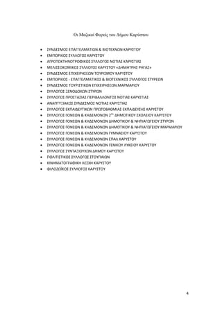 4
Οη Μαδηθνί Φνξείο ηνπ Γήκνπ Καξύζηνπ
 ΢ΤΝΔΕ΢ΜΟ΢ ΕΠΑΓΓΕΛΜΑΣΙΩΝ & ΒΙΟΣΕΧΝΩΝ ΚΑΡΤ΢ΣΟΤ
 ΕΜΠΟΡΙΚΟ΢ ΢ΤΛΛΟΓΟ΢ ΚΑΡΤ΢ΣΟΤ
 ΑΓΡΟΣΟΚΣΗΝΟΣΡΟΦΙΚΟ΢ ΢ΤΛΛΟΓΟ΢ ΝΟΣΙΑ΢ ΚΑΡΤ΢ΣΙΑ΢
 ΜΕΛΙ΢΢ΟΚΟΜΙΚΟ΢ ΢ΤΛΛΟΓΟ΢ ΚΑΡΤ΢ΣΟΤ «ΔΗΜΗΣΡΗ΢ ΡΗΓΑ΢»
 ΢ΤΝΔΕ΢ΜΟ΢ ΕΠΙΧΕΙΡΗ΢ΕΩΝ ΣΟΤΡΙ΢ΜΟΤ ΚΑΡΤ΢ΣΟΤ
 ΕΜΠΟΡΙΚΟ΢ - ΕΠΑΓΓΕΛΜΑΣΙΚΟ΢ & ΒΙΟΣΕΧΝΙΚΟ΢ ΢ΤΛΛΟΓΟ΢ ΢ΣΤΡΕΩΝ
 ΢ΤΝΔΕ΢ΜΟ΢ ΣΟΤΡΙ΢ΣΙΚΩΝ ΕΠΙΧΕΙΡΗ΢ΕΩΝ ΜΑΡΜΑΡΙΟΤ
 ΢ΤΛΛΟΓΟ΢ ΞΕΝΟΔΟΧΩΝ ΢ΣΤΡΩΝ
 ΢ΤΛΛΟΓΟ΢ ΠΡΟ΢ΣΑ΢ΙΑ΢ ΠΕΡΙΒΑΛΛΟΝΣΟ΢ ΝΟΣΙΑ΢ ΚΑΡΤ΢ΣΙΑ΢
 ΑΝΑΠΣΤΞΙΑΚΟ΢ ΢ΤΝΔΕ΢ΜΟ΢ ΝΟΣΙΑ΢ ΚΑΡΤ΢ΣΙΑ΢
 ΢ΤΛΛΟΓΟ΢ ΕΚΠΑΙΔΕΤΣΙΚΩΝ ΠΡΩΣΟΒΑΘΜΙΑ΢ ΕΚΠΑΙΔΕΤ΢Η΢ ΚΑΡΤ΢ΣΟΤ
 ΢ΤΛΛΟΓΟ΢ ΓΟΝΕΩΝ & ΚΗΔΕΜΟΝΩΝ 2ου
ΔΗΜΟΣΙΚΟΤ ΢ΧΟΛΕΙΟΤ ΚΑΡΤ΢ΣΟΤ
 ΢ΤΛΛΟΓΟ΢ ΓΟΝΕΩΝ & ΚΗΔΕΜΟΝΩΝ ΔΗΜΟΣΙΚΟΤ & ΝΗΠΙΑΓΩΓΕΙΟΤ ΢ΣΤΡΩΝ
 ΢ΤΛΛΟΓΟ΢ ΓΟΝΕΩΝ & ΚΗΔΕΜΟΝΩΝ ΔΗΜΟΣΙΚΟΤ & ΝΗΠΙΑΓΩΓΕΙΟΤ ΜΑΡΜΑΡΙΟΤ
 ΢ΤΛΛΟΓΟ΢ ΓΟΝΕΩΝ & ΚΗΔΕΜΟΝΩΝ ΓΤΜΝΑ΢ΙΟΤ ΚΑΡΤ΢ΣΟΤ
 ΢ΤΛΛΟΓΟ΢ ΓΟΝΕΩΝ & ΚΗΔΕΜΟΝΩΝ ΕΠΑΛ ΚΑΡΤ΢ΣΟΤ
 ΢ΤΛΛΟΓΟ΢ ΓΟΝΕΩΝ & ΚΗΔΕΜΟΝΩΝ ΓΕΝΙΚΟΤ ΛΤΚΕΙΟΤ ΚΑΡΤ΢ΣΟΤ
 ΢ΤΛΛΟΓΟ΢ ΢ΤΝΣΑΞΙΟΤΧΩΝ ΔΗΜΟΤ ΚΑΡΤ΢ΣΟΤ
 ΠΟΛΙΣΙ΢ΣΙΚΟ΢ ΢ΤΛΛΟΓΟ΢ ΢ΣΟΤΠΑΙΩΝ
 ΚΙΝΗΜΑΣΟΓΡΑΦΙΚΗ ΛΕ΢ΧΗ ΚΑΡΤ΢ΣΟΤ
 ΦΙΛΟΖΩΪΚΟ΢ ΢ΤΛΛΟΓΟ΢ ΚΑΡΤ΢ΣΟΤ
 