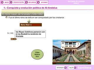 PRESENTACIÓN
                                                                                 HISTORIA DE ESPAÑA
  INICIO                          RECURSOS        INTERNET
                                                                                       TEMA 2


 1.- Conquista y evolución política de Al-Andalus

El reino nazarí de Granada (1246-1492)
       Fue el último reino de taifa en ser conquistado por los cristianos


                          Banu Nasr o Nazaríes


                     los Reyes Católicos pactaron con
      En 1492
                     el rey Boabdil la rendición de
                     Granada
           DOC. 10




                                         Video
                                         Música
                                          4mn


                                                               La Alhambra era la residencia de los reyes nazaríes


                                                                ANTERIOR            SALIR        Santillana
 