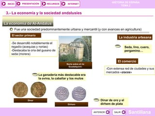 PRESENTACIÓN
                                                                                   HISTORIA DE ESPAÑA
  INICIO                          RECURSOS      INTERNET
                                                                                         TEMA 2


 3.- La economía y la sociedad andalusíes

La economía de Al-Andalus
           Fue una sociedad predominantemente urbana y mercantil (y con avances en agricultura)
     El sector primario
                                                                                       La industria artesana
     -Se desarrolló notablemente el
     regadío (acequias y norias)                                                            Seda, lino, cuero,
     -Destacaba la cría del gusano de                                                       pergamino…
     seda (morera)

                                                                                       El comercio
                                               Noria sobre el río
                                                Guadalquivir.
                                                                               -Con extensa red de ciudades y sus
                                                                               mercados «zocos»
                            La ganadería más destacable era
                            la ovina, la caballar y los mulos




                    Dinar                                               Dinar de oro y el
                                                Dírhem                  dírhem de plata

                                                                    ANTERIOR        SALIR     Santillana
 