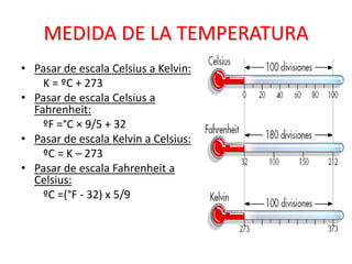 MEDIDA DE LA TEMPERATURA
• Pasar de escala Celsius a Kelvin:
K = ºC + 273
• Pasar de escala Celsius a
Fahrenheit:
ºF =°C × 9/5 + 32
• Pasar de escala Kelvin a Celsius:
ºC = K – 273
• Pasar de escala Fahrenheit a
Celsius:
ºC =(°F - 32) x 5/9
 