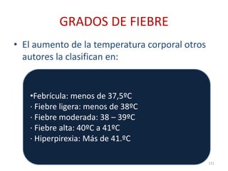 GRADOS DE FIEBRE
• El aumento de la temperatura corporal otros
autores la clasifican en:
121
•Febrícula: menos de 37,5ºC
· Fiebre ligera: menos de 38ºC
· Fiebre moderada: 38 – 39ºC
· Fiebre alta: 40ºC a 41ºC
· Hiperpirexia: Más de 41.ºC
 