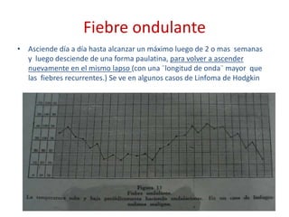 Fiebre ondulante
• Asciende día a día hasta alcanzar un máximo luego de 2 o mas semanas
y luego desciende de una forma paulatina, para volver a ascender
nuevamente en el mismo lapso (con una ¨longitud de onda¨ mayor que
las fiebres recurrentes.) Se ve en algunos casos de Linfoma de Hodgkin
127
 